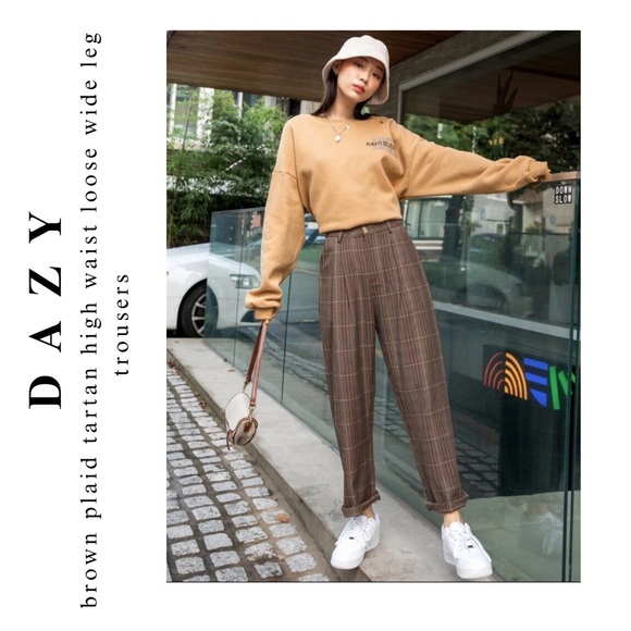dazy β’ high waist brown plaid tartan loose wide leg pant trousers - Picture 6 of 16